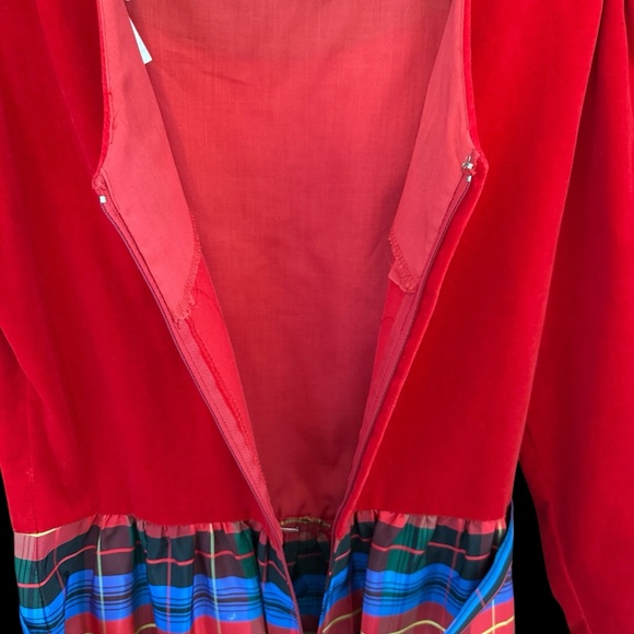 Vtg 80s Lanz Red Velvet Tartan Plaid Taffeta Holiday Formal Party Gown Dress 10 - Picture 7 of 14